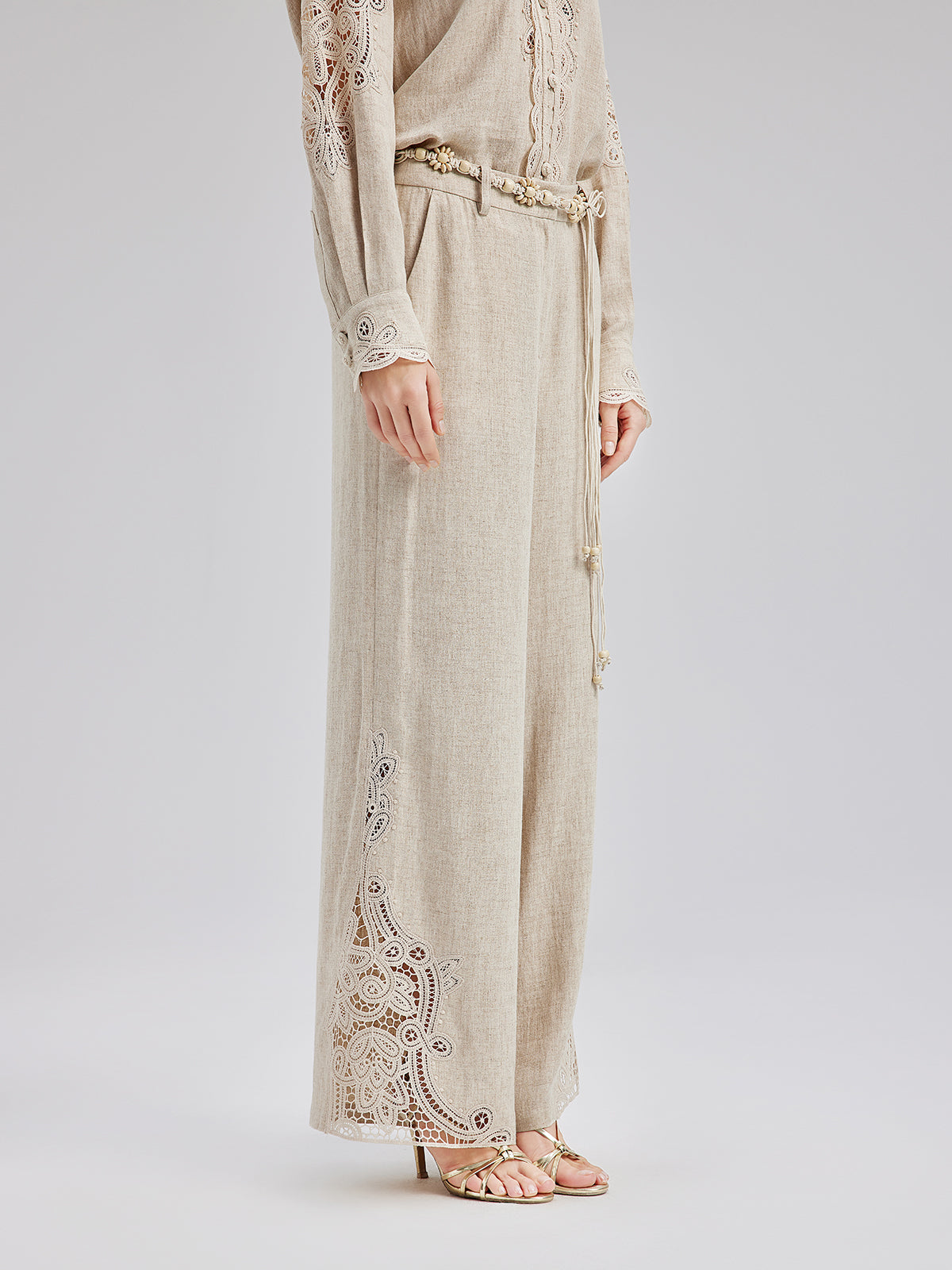Final Sale | French Ramie Lace-Trimmed Pants with Braided Belt