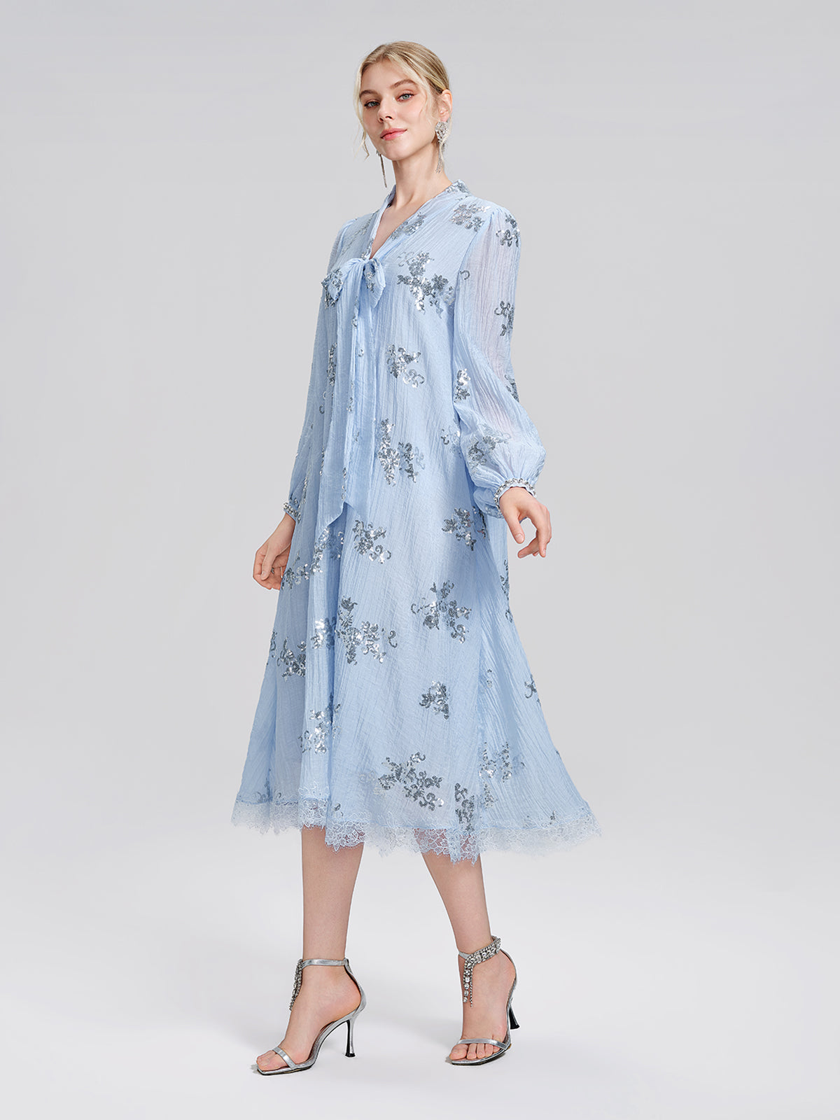 Sequin Embroidered Lace Panel Beaded Tie Dress