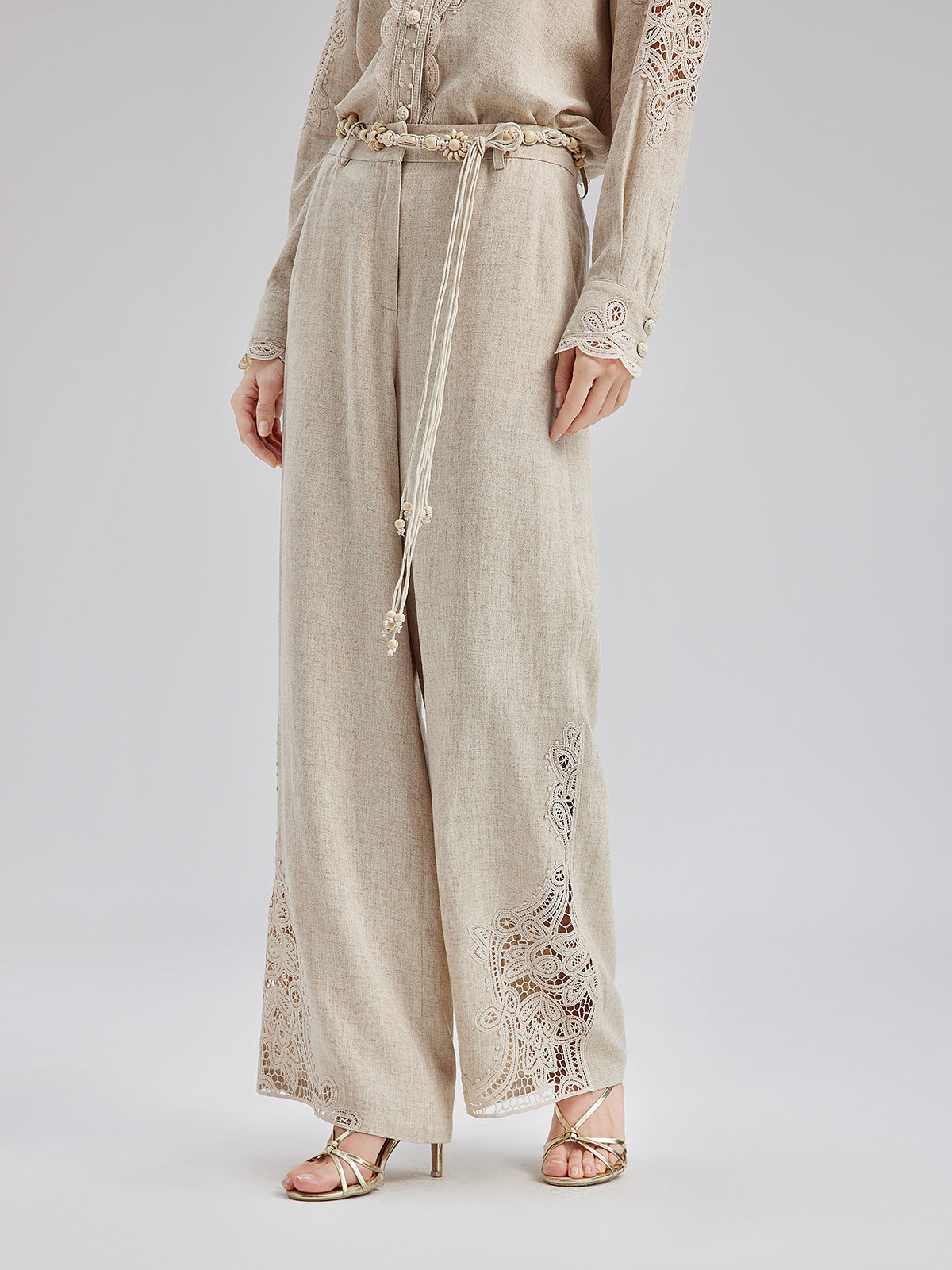 Final Sale | French Ramie Lace-Trimmed Pants with Braided Belt