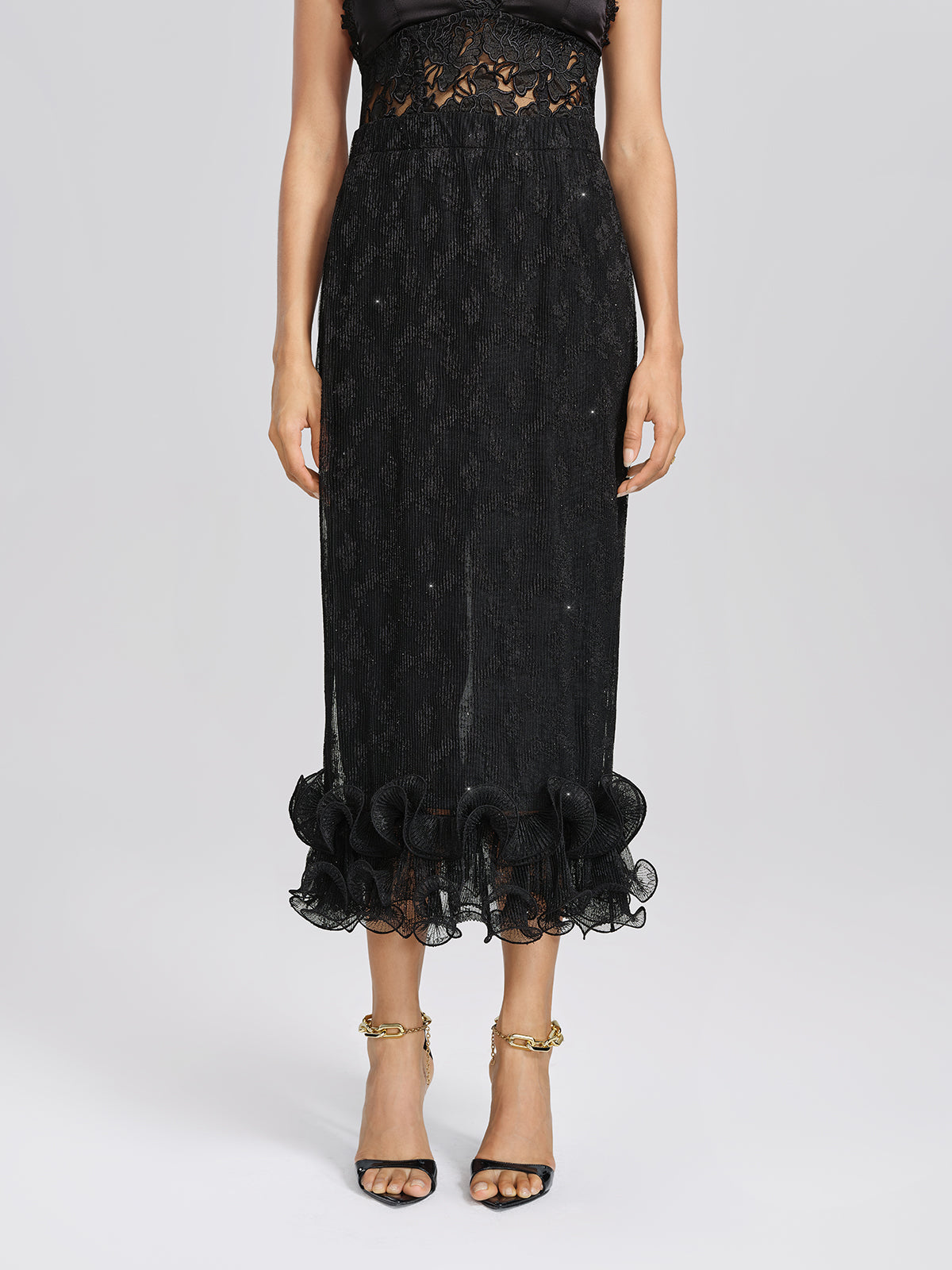 Pleated Mesh Floral Lace Skirt