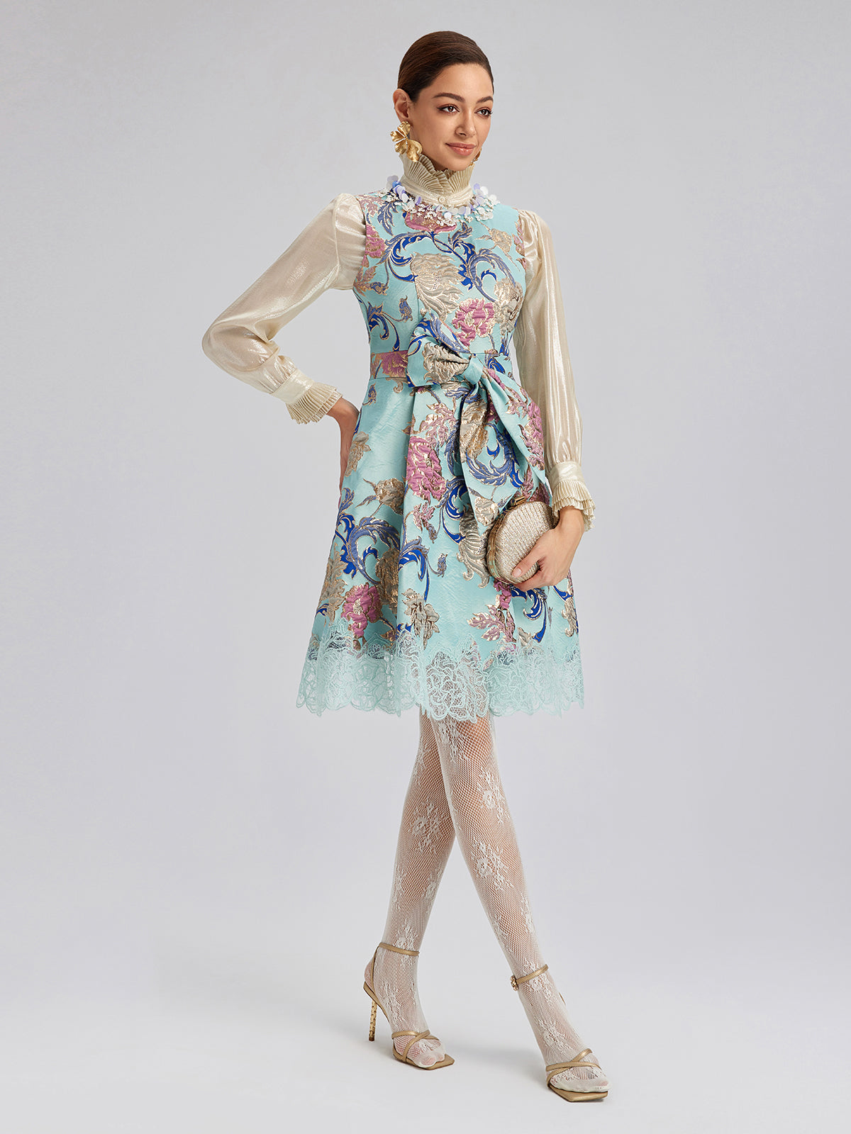 Hand-Set Rhinestone Embellished 3D Floral Bow Dress