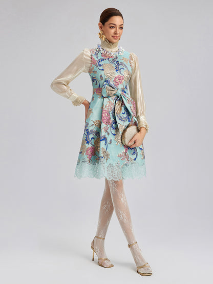 Hand-Set Rhinestone Embellished 3D Floral Bow Dress