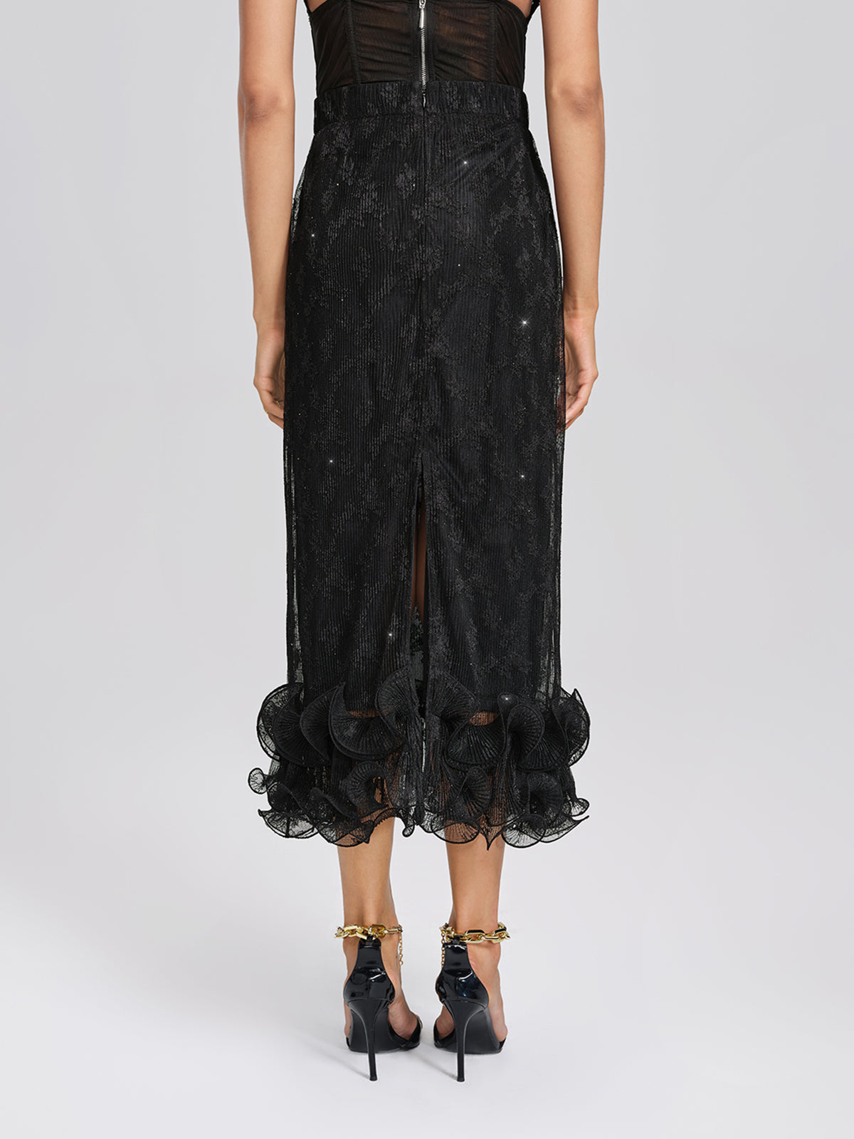 Pleated Mesh Floral Lace Skirt