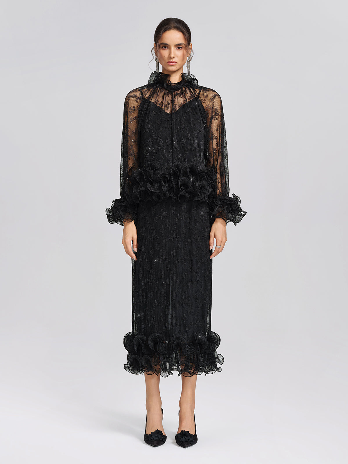 Pleated Mesh Floral Lace Blouse