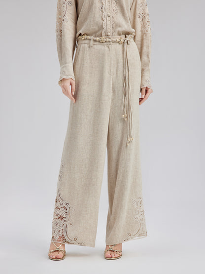 French Ramie Lace-Trimmed Pants with Braided Belt