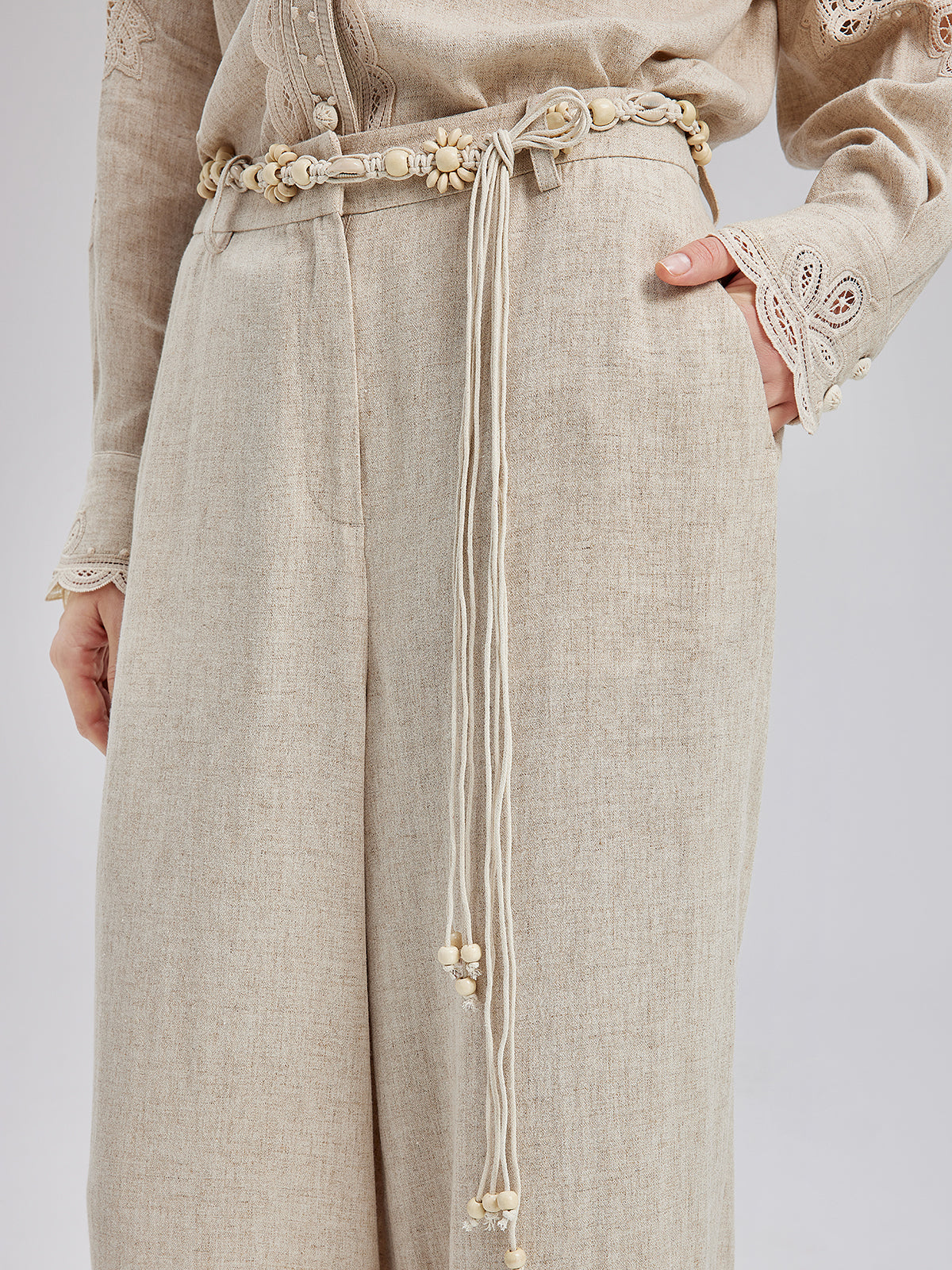 French Ramie Lace-Trimmed Pants with Braided Belt