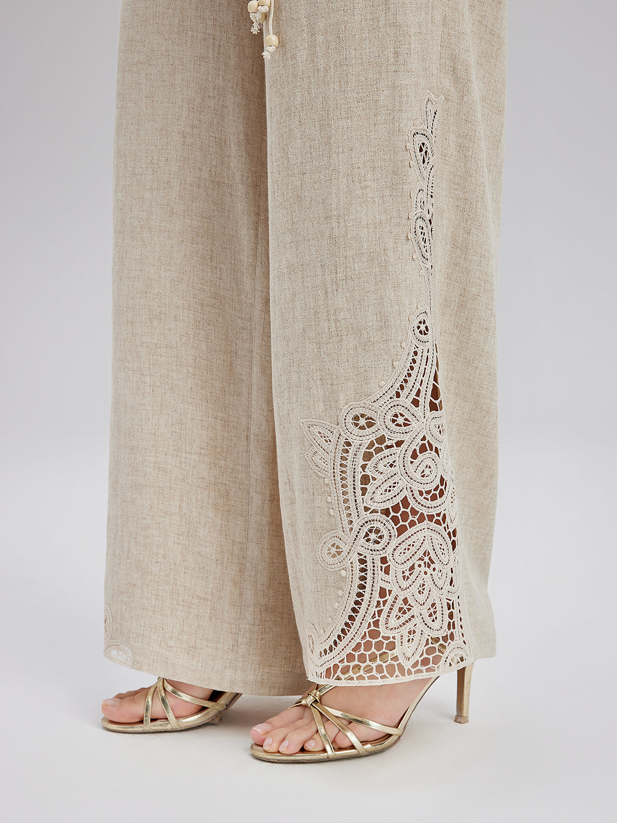 Final Sale | French Ramie Lace-Trimmed Pants with Braided Belt