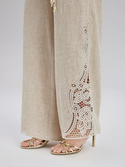 French Ramie Lace-Trimmed Pants with Braided Belt