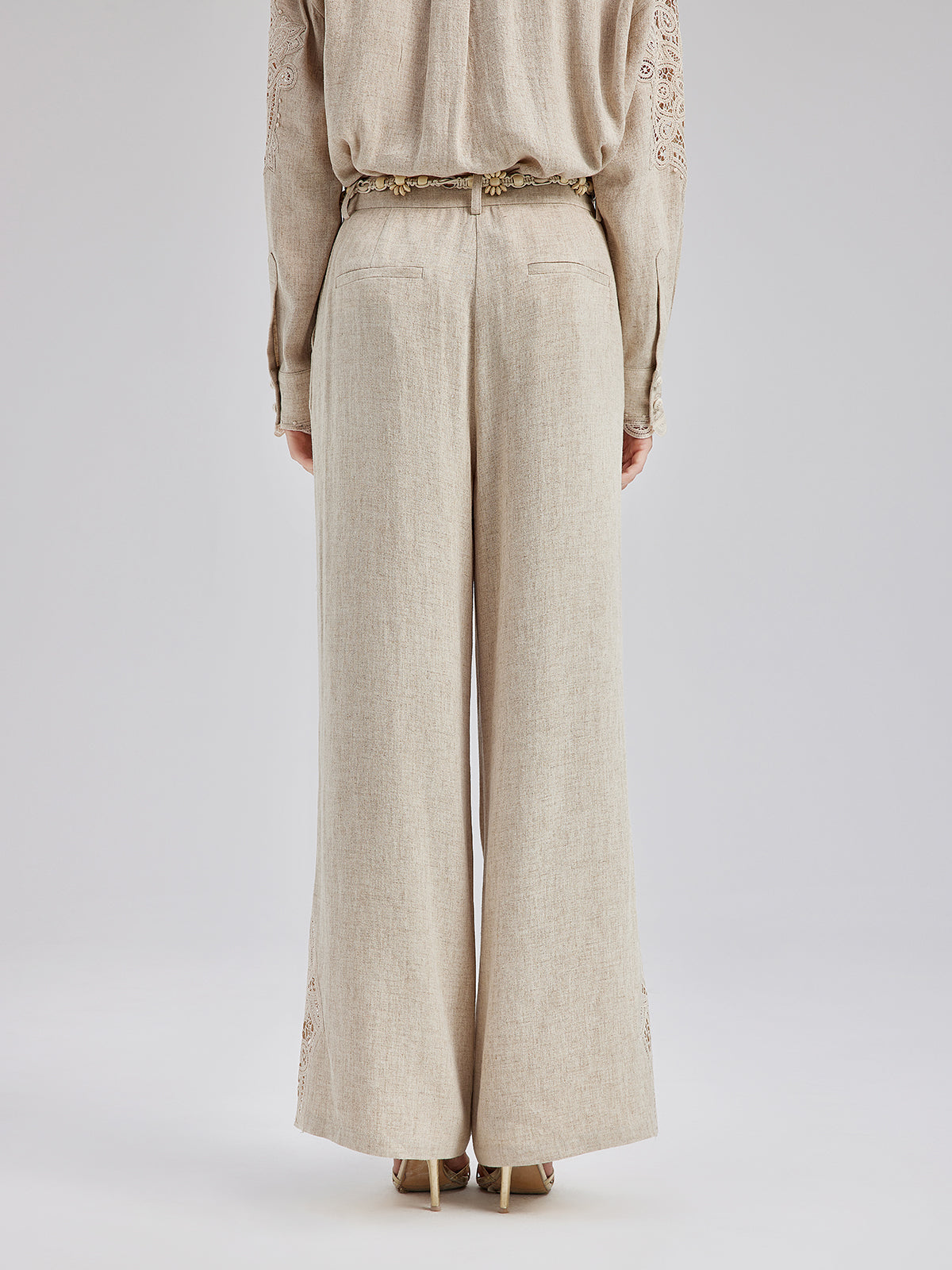 French Ramie Lace-Trimmed Pants with Braided Belt