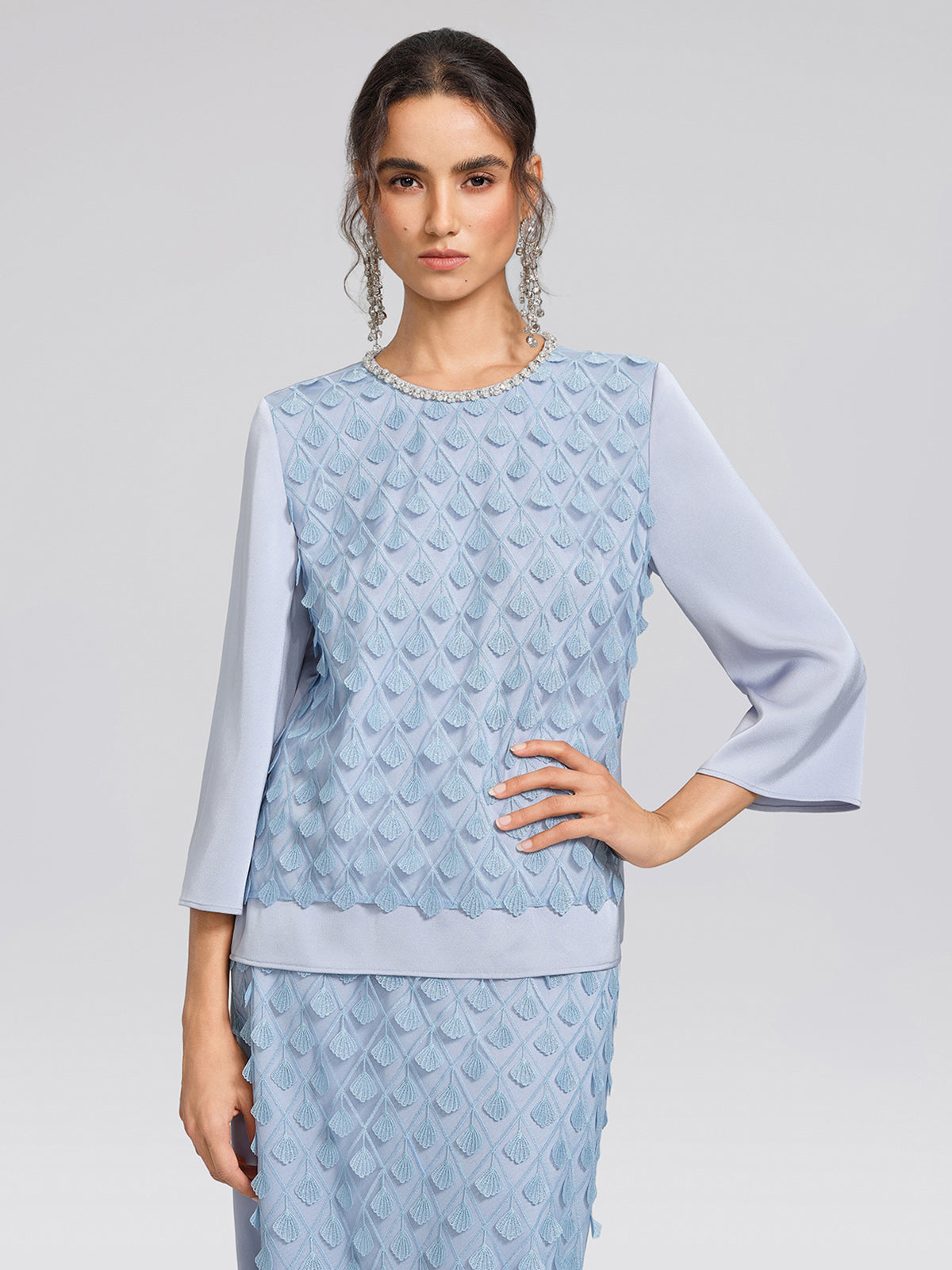 Mesh Ginkgo Embroidery Pearl Blouse