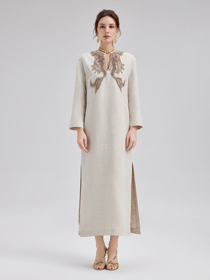 French Wool-Linen Beaded Shift Dress