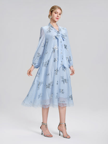 Sequin Embroidered Lace Panel Beaded Tie Dress
