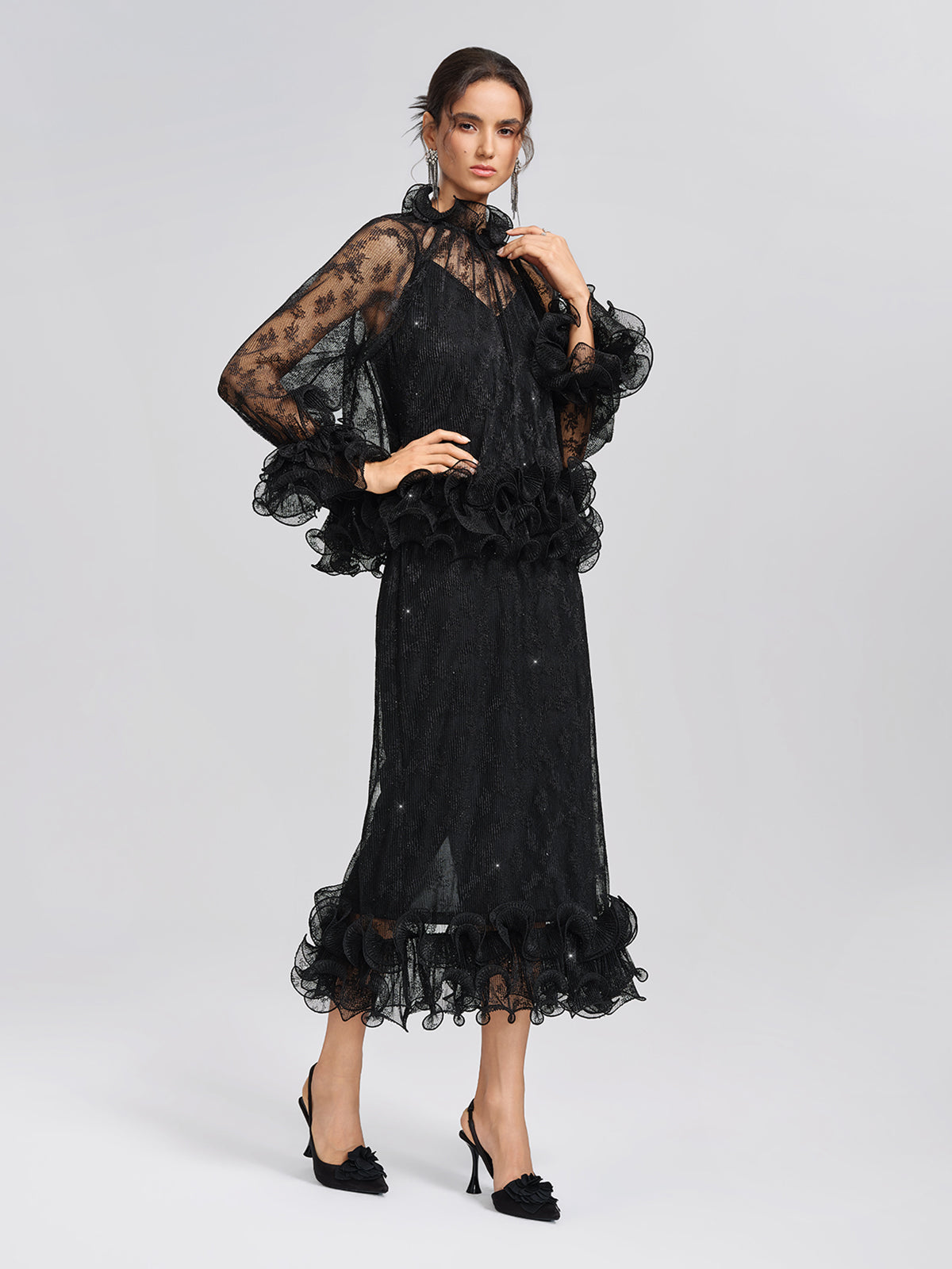 Pleated Mesh Floral Lace Blouse