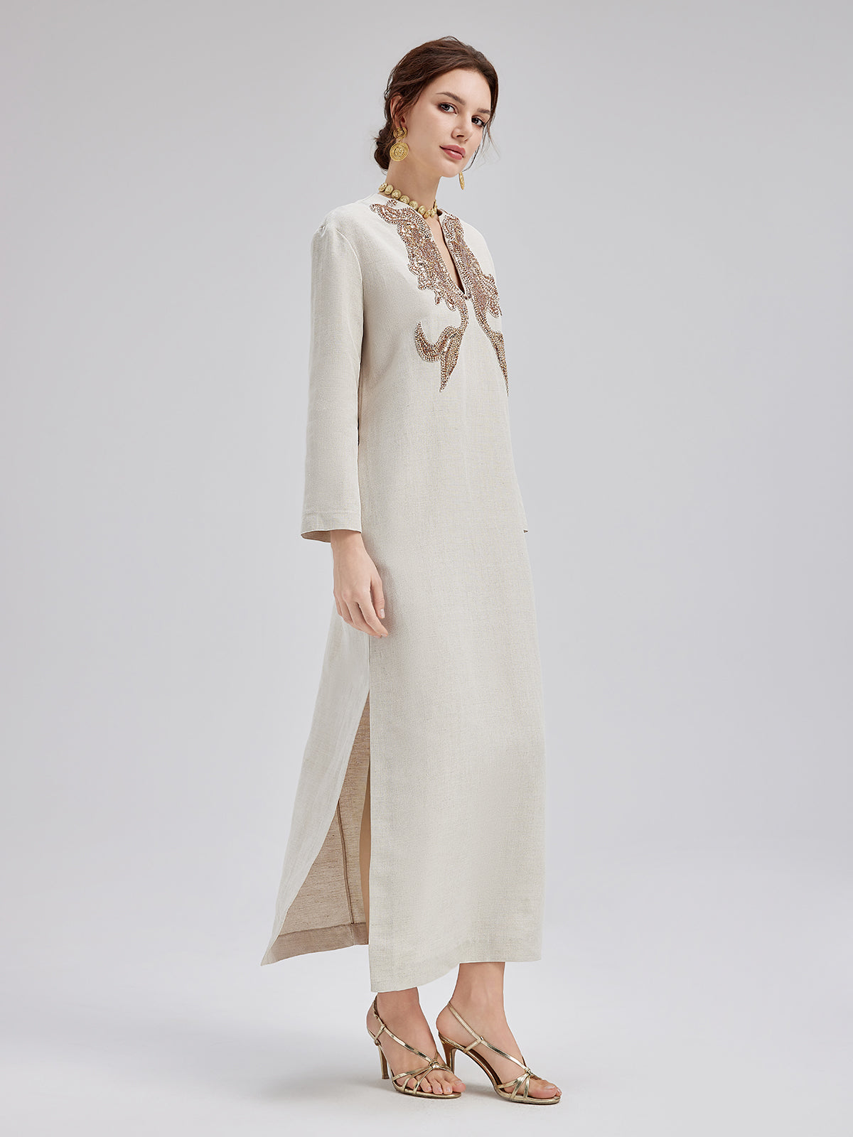 French Wool-Linen Beaded Shift Dress