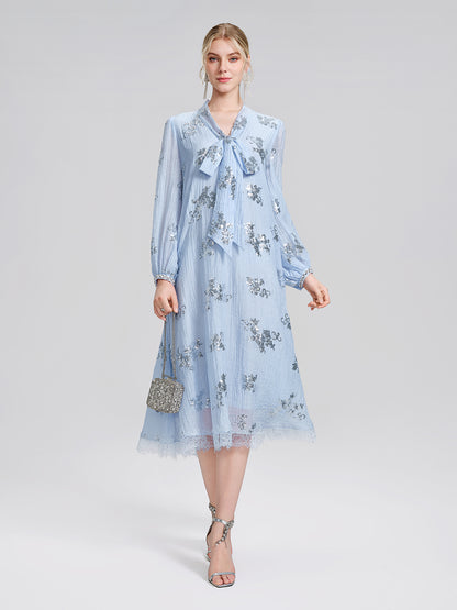 Sequin Embroidered Lace Panel Beaded Tie Dress