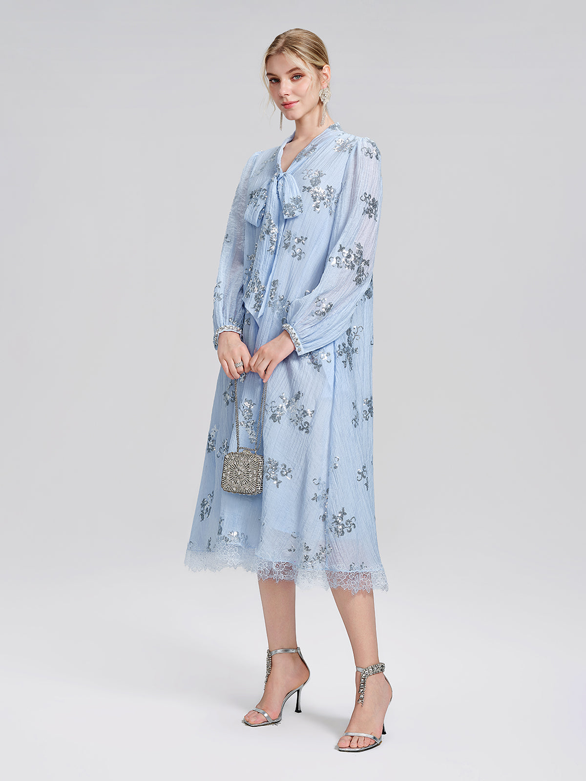 Sequin Embroidered Lace Panel Beaded Tie Dress