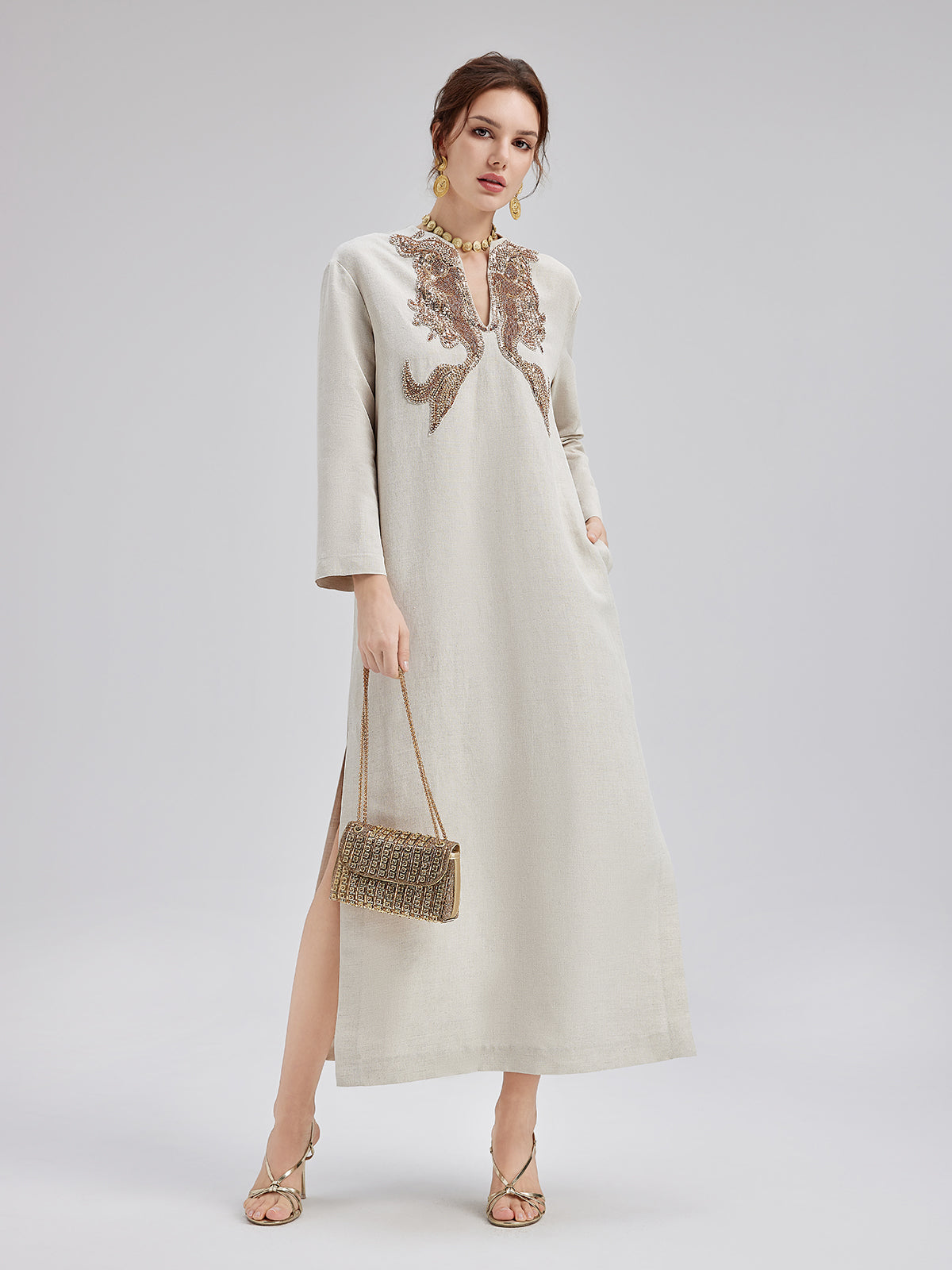 French Wool-Linen Beaded Shift Dress