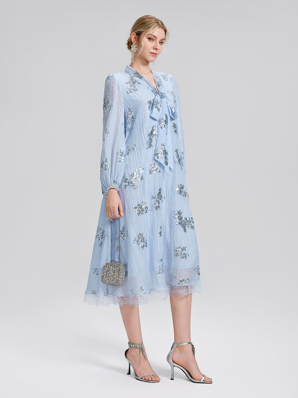 Sequin Embroidered Lace Panel Beaded Tie Dress