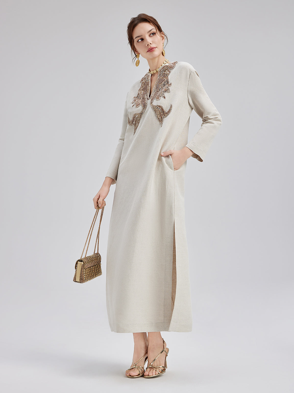 French Wool-Linen Beaded Shift Dress