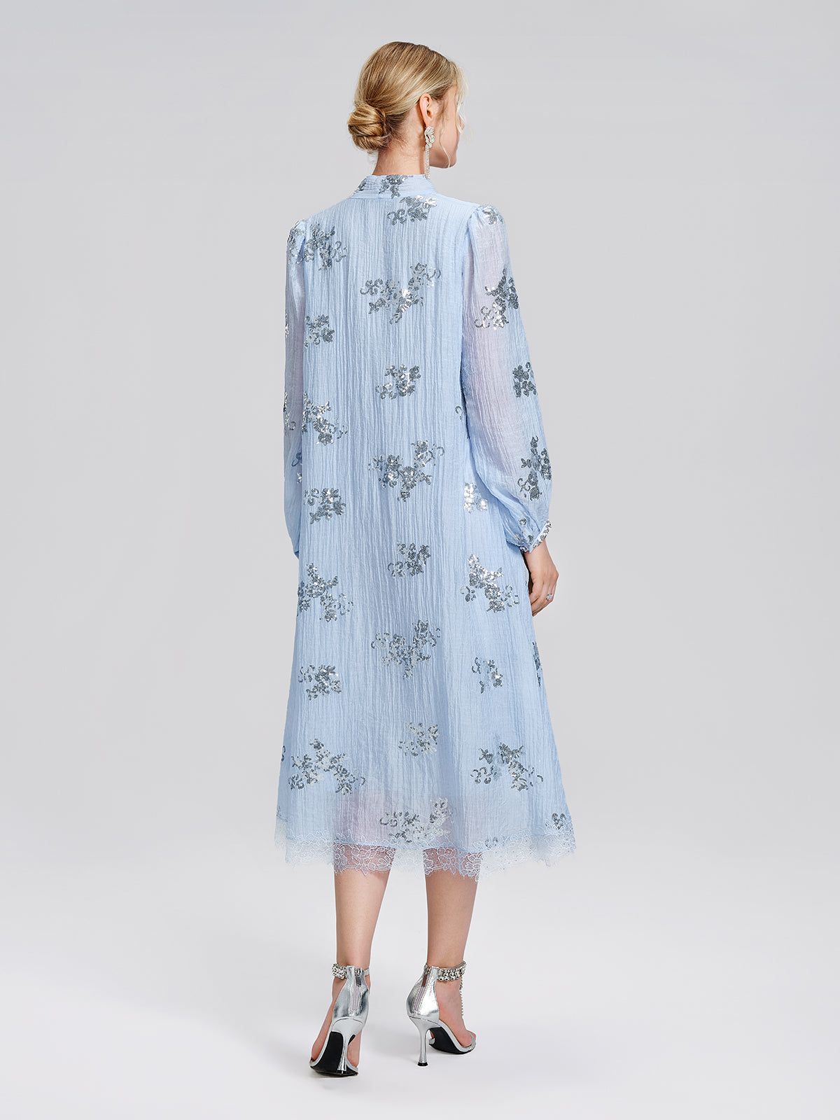 Sequin Embroidered Lace Panel Beaded Tie Dress