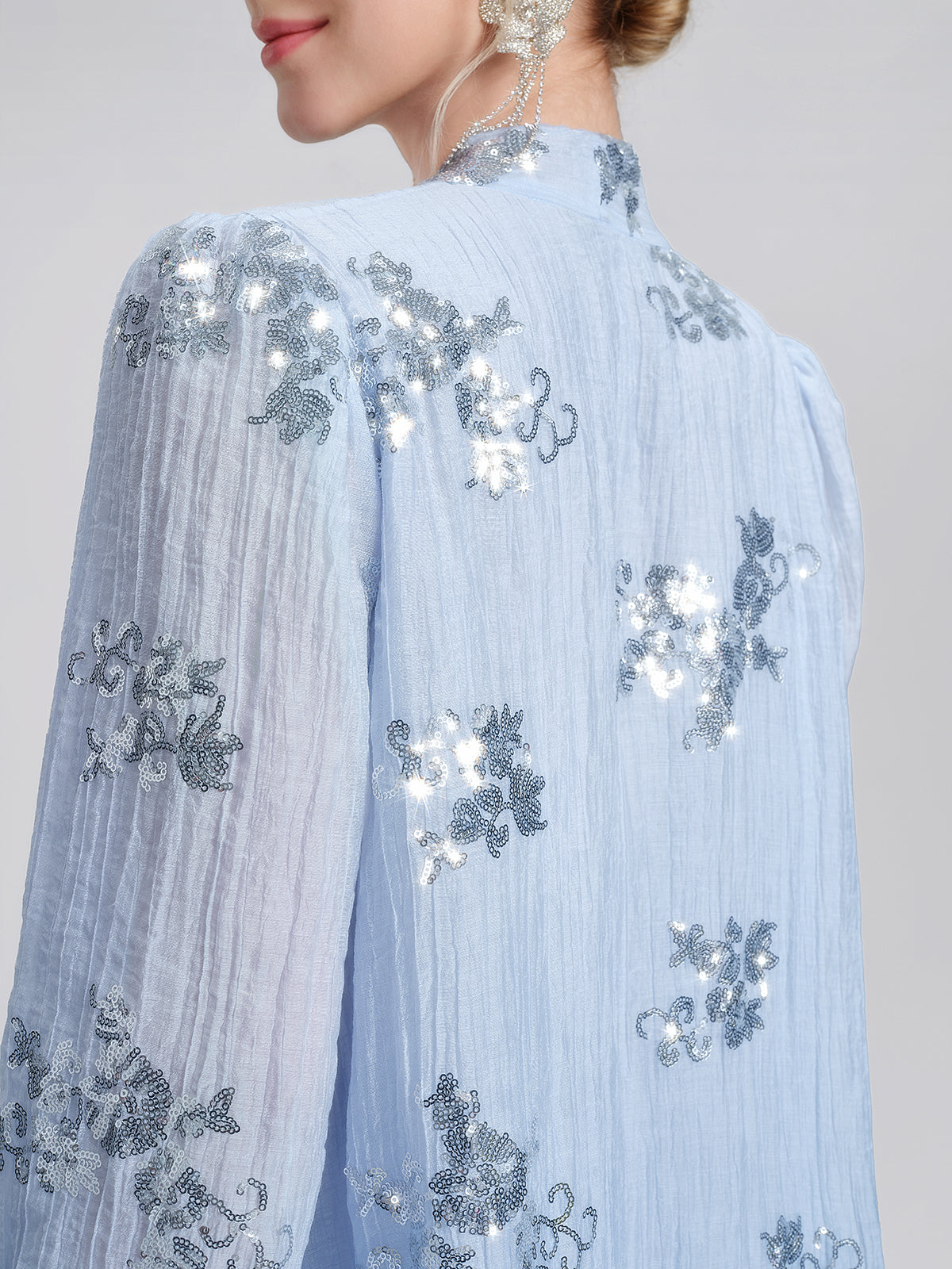 Sequin Embroidered Lace Panel Beaded Tie Dress