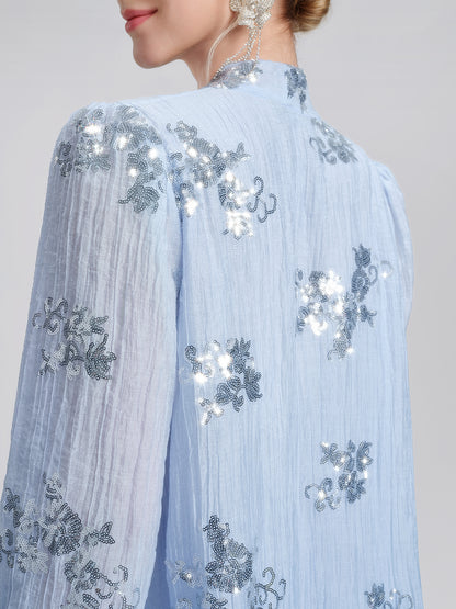Sequin Embroidered Lace Panel Beaded Tie Dress