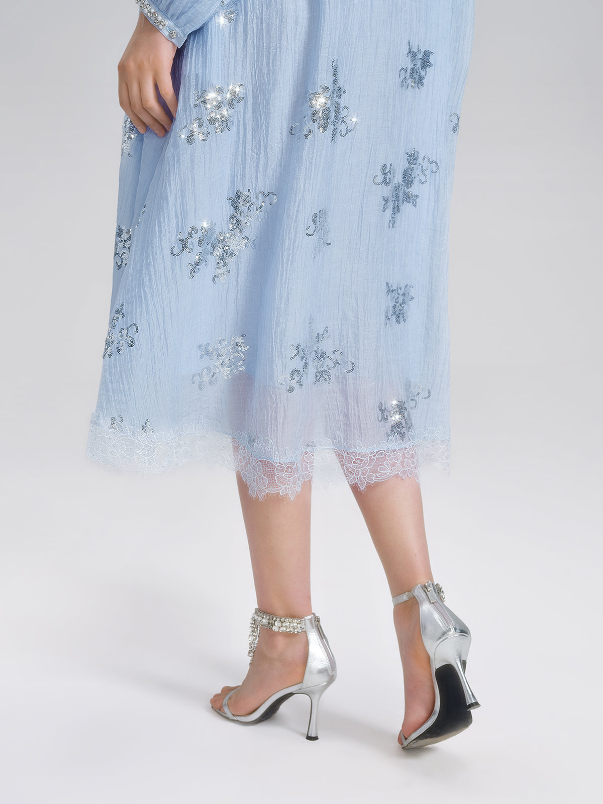 Sequin Embroidered Lace Panel Beaded Tie Dress