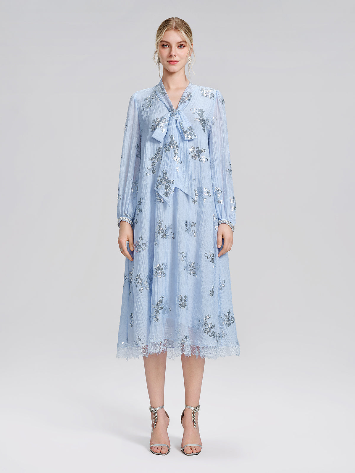 Sequin Embroidered Lace Panel Beaded Tie Dress