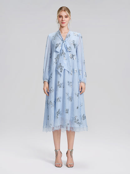 Sequin Embroidered Lace Panel Beaded Tie Dress