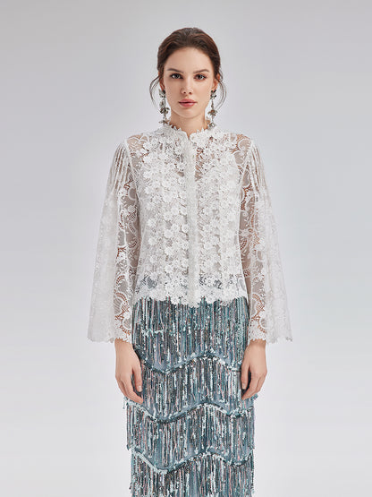 Classic Lace Embroidered Bell-Sleeve Top