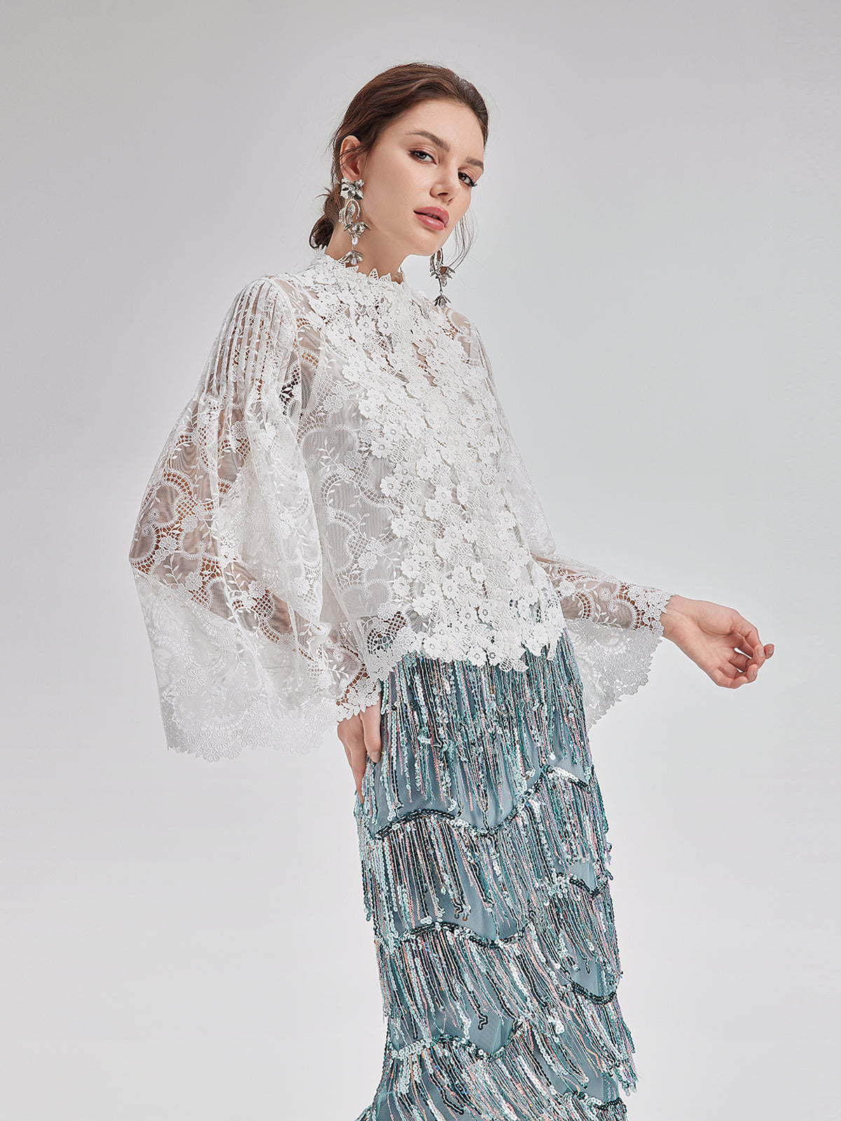 Classic Lace Embroidered Bell-Sleeve Top