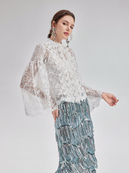 Classic Lace Embroidered Bell-Sleeve Top