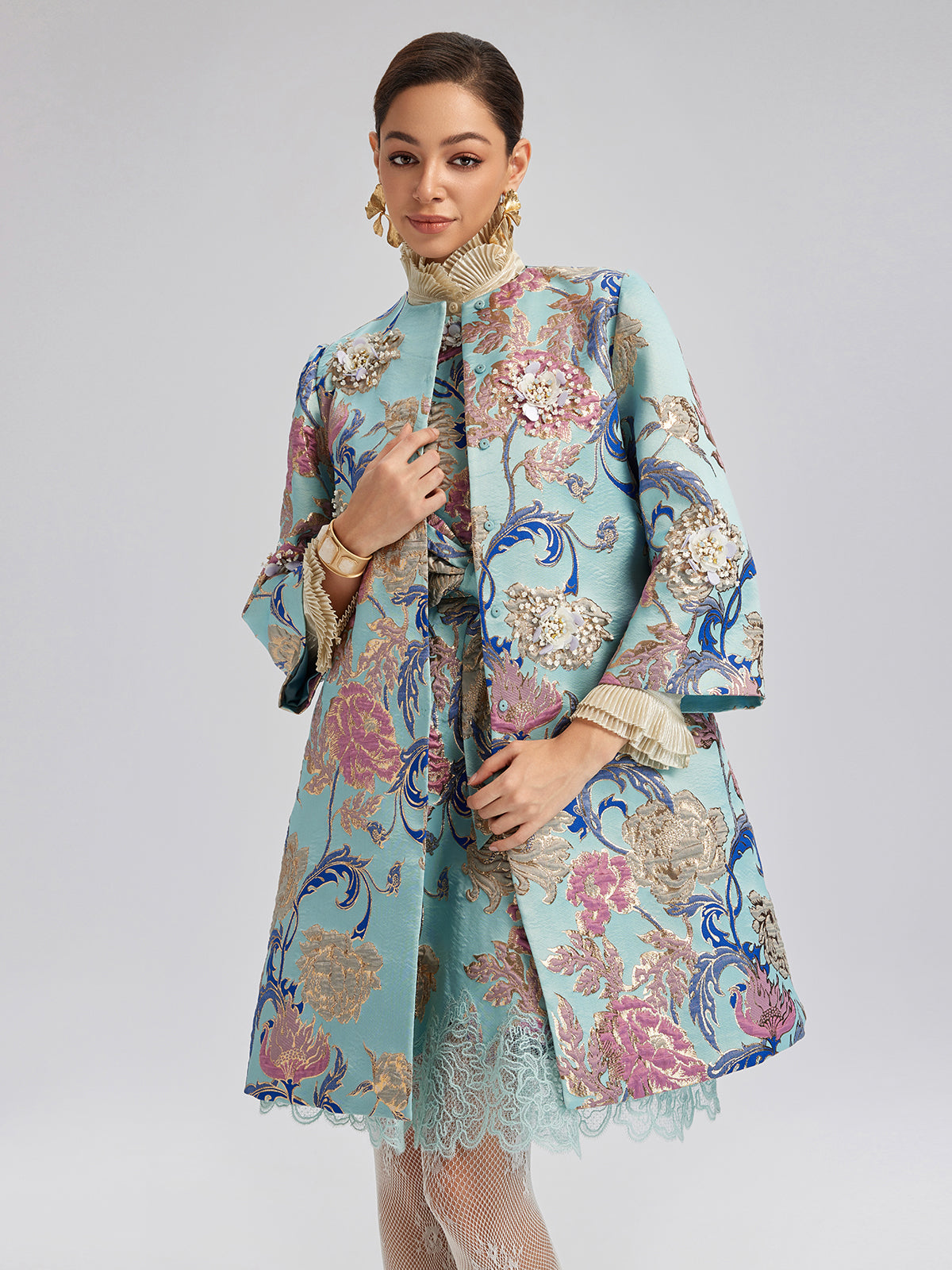 Hand-Set Rhinestone Embellished 3D Floral Jacket