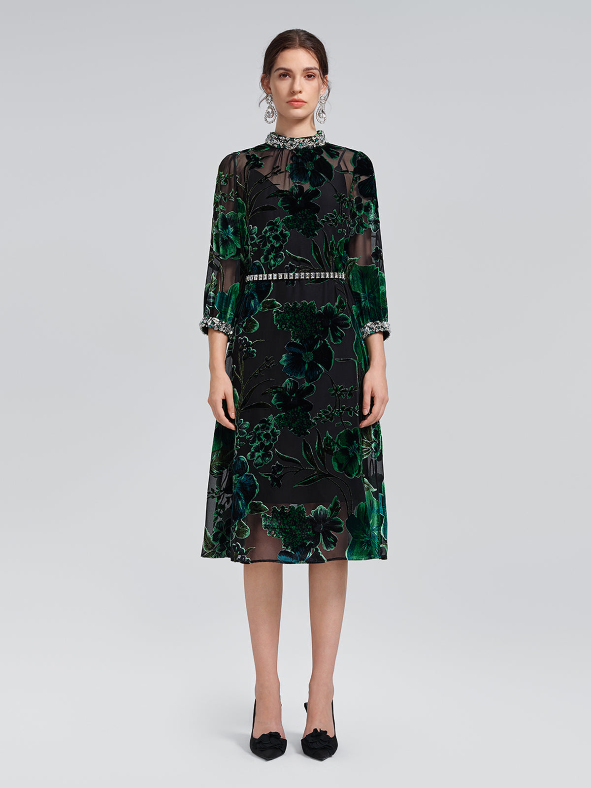 Flocked Burnout Floral Dress (Belt & Slip Dress Included)