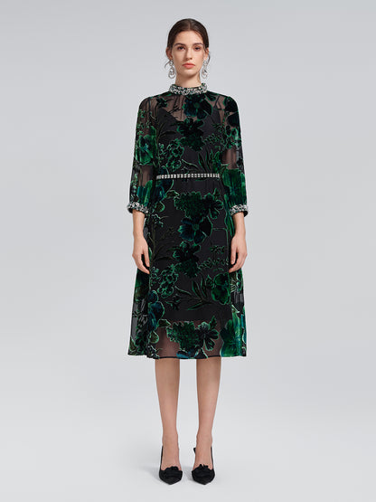 Flocked Burnout Floral Dress (Belt & Slip Dress Included)