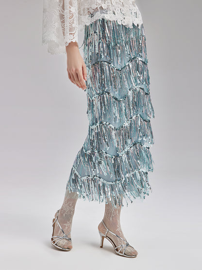 Ripple Tiered Sequin & Tassel Skirt