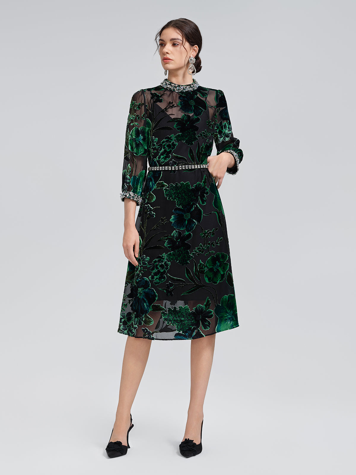 Flocked Burnout Floral Dress (Belt & Slip Dress Included)