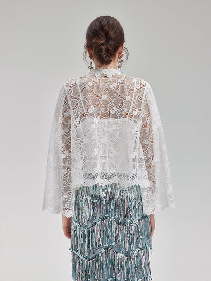 Classic Lace Embroidered Bell-Sleeve Top