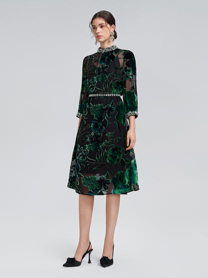 Flocked Burnout Floral Dress (Belt & Slip Dress Included)