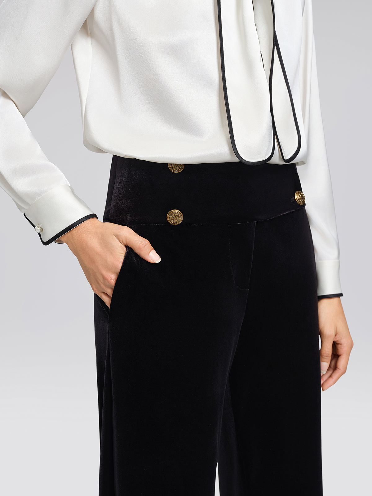 Velvet Embossed Metal-Button Wide-Leg Pants