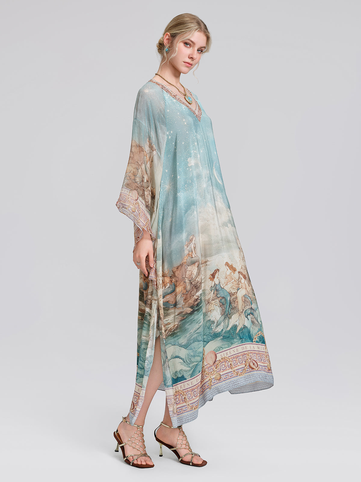 100% Silk Mermaid Print Batwing Sleeve Dress(Waist Tie, Headscarf & Scrunchie Included)