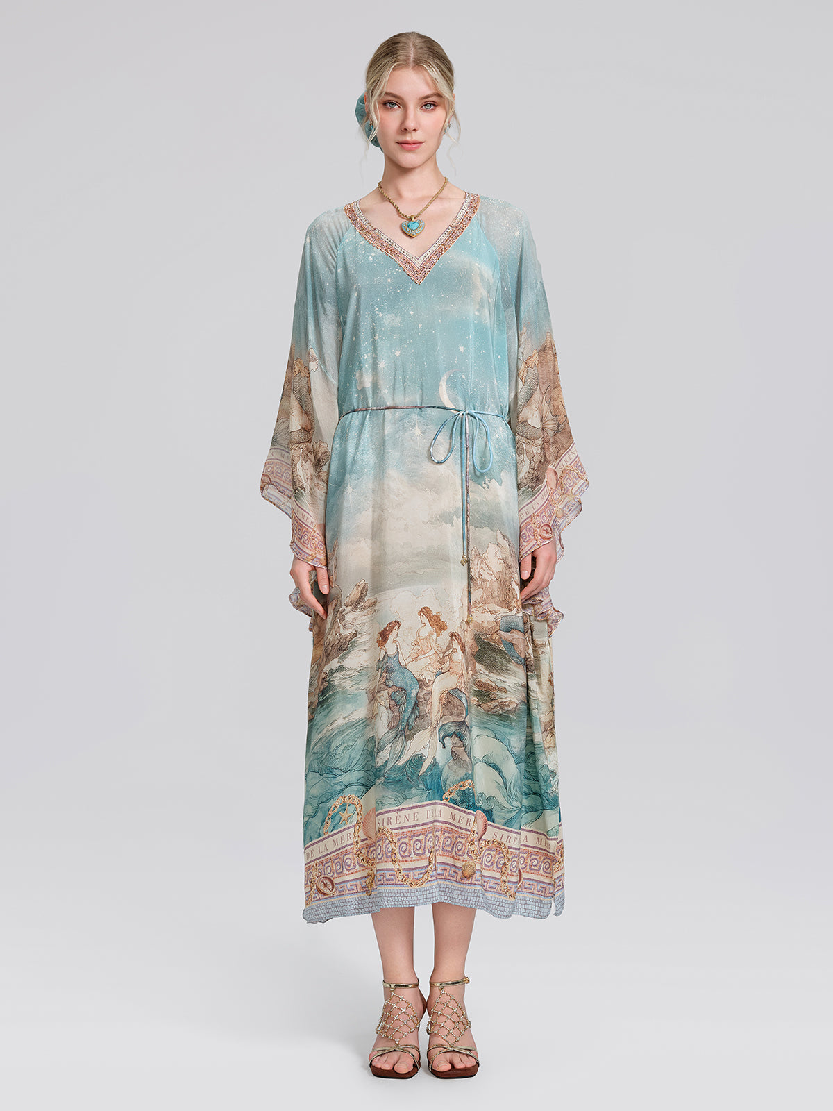 100% Silk Mermaid Print Batwing Sleeve Dress(Waist Tie, Headscarf & Scrunchie Included)