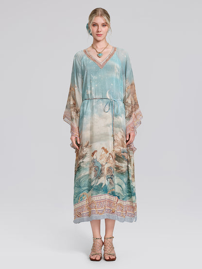 100% Silk Mermaid Print Batwing Sleeve Dress(Waist Tie, Headscarf & Scrunchie Included)