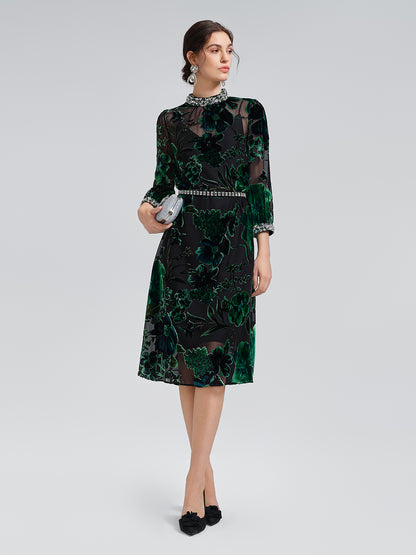 Flocked Burnout Floral Dress (Belt & Slip Dress Included)