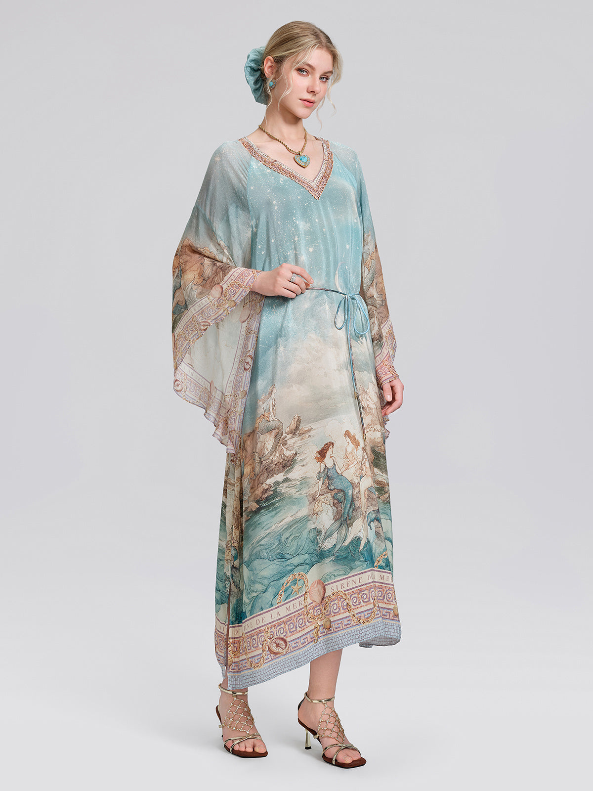 100% Silk Mermaid Print Batwing Sleeve Dress(Waist Tie, Headscarf & Scrunchie Included)