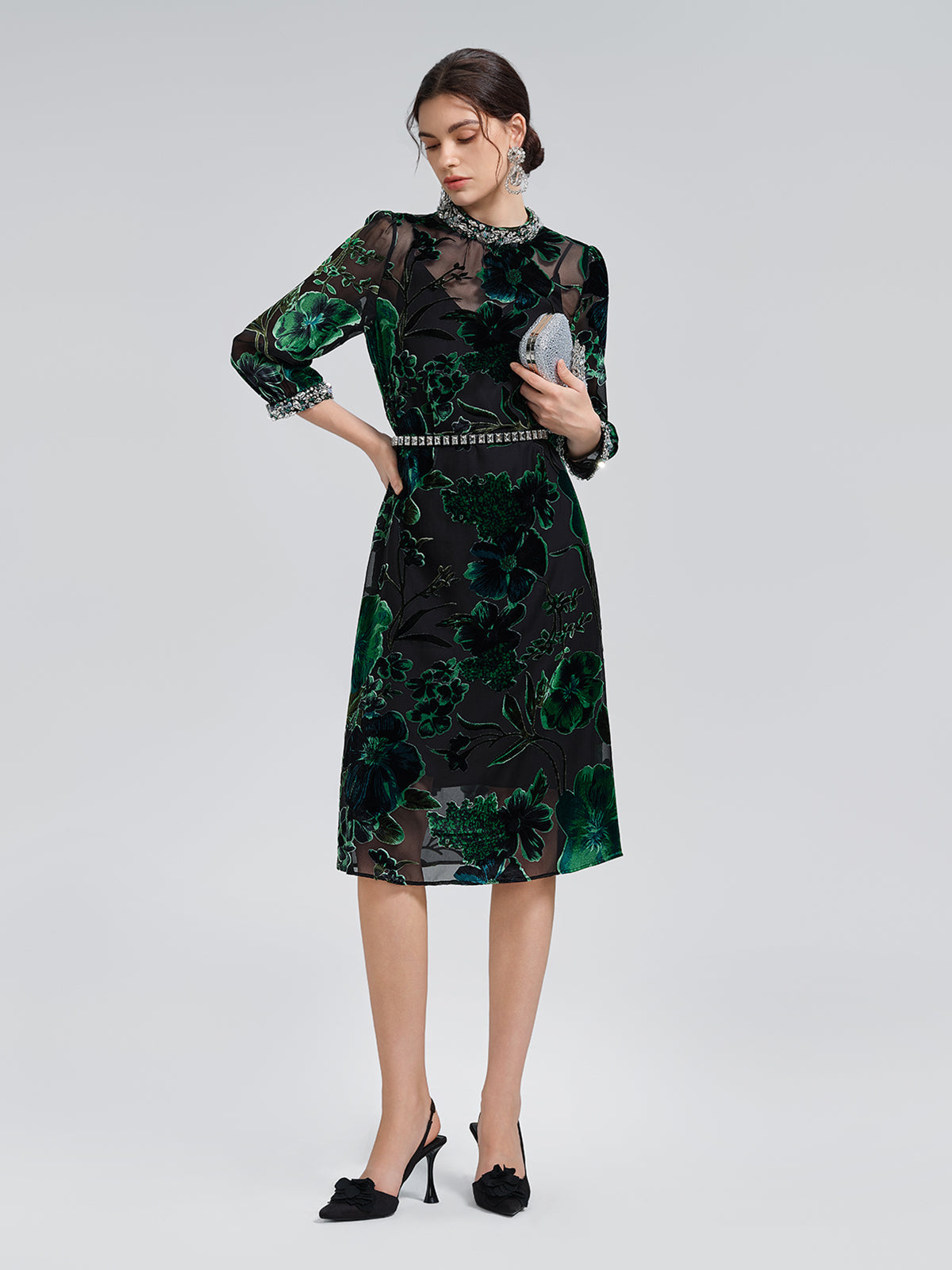 Flocked Burnout Floral Dress (Belt & Slip Dress Included)