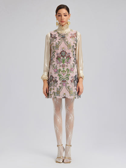 Hand-Beaded Embroidered Silk-Textured Dress