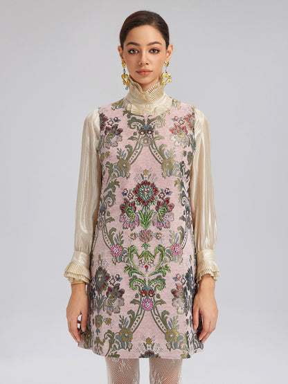 Hand-Beaded Embroidered Silk-Textured Dress
