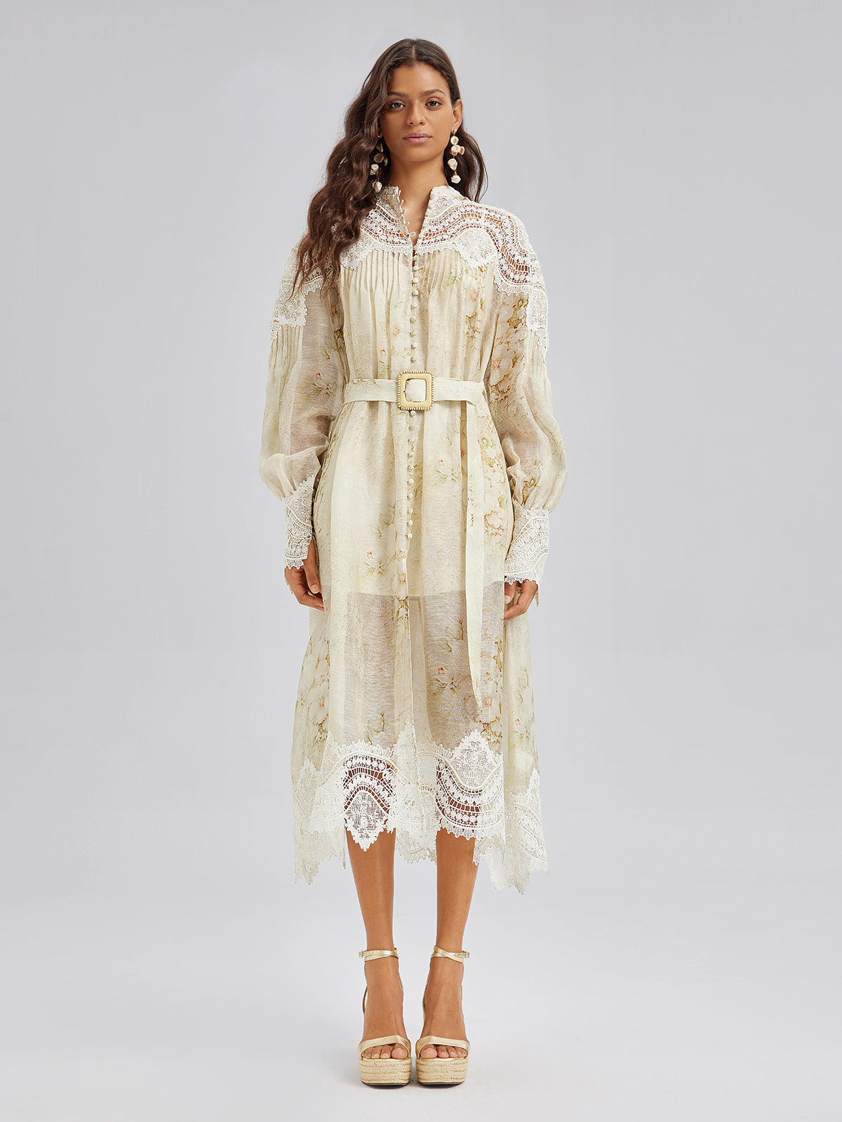 Silk-Linen Floral Lace Dress, Apricot / M