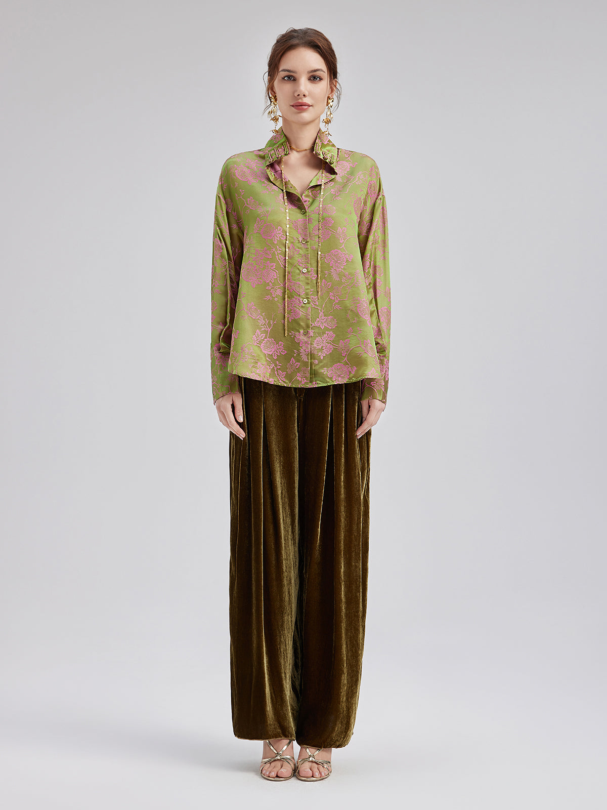 Silk Jacquard Mandarin Collar Top